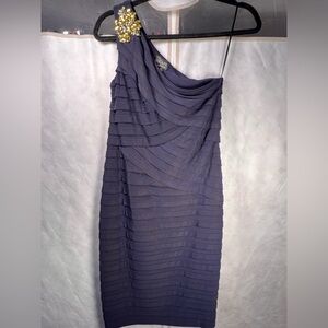 Xscape One-Shoulder Dress in Navy Blue with Gold Rhinestones Embellishment Sz 6